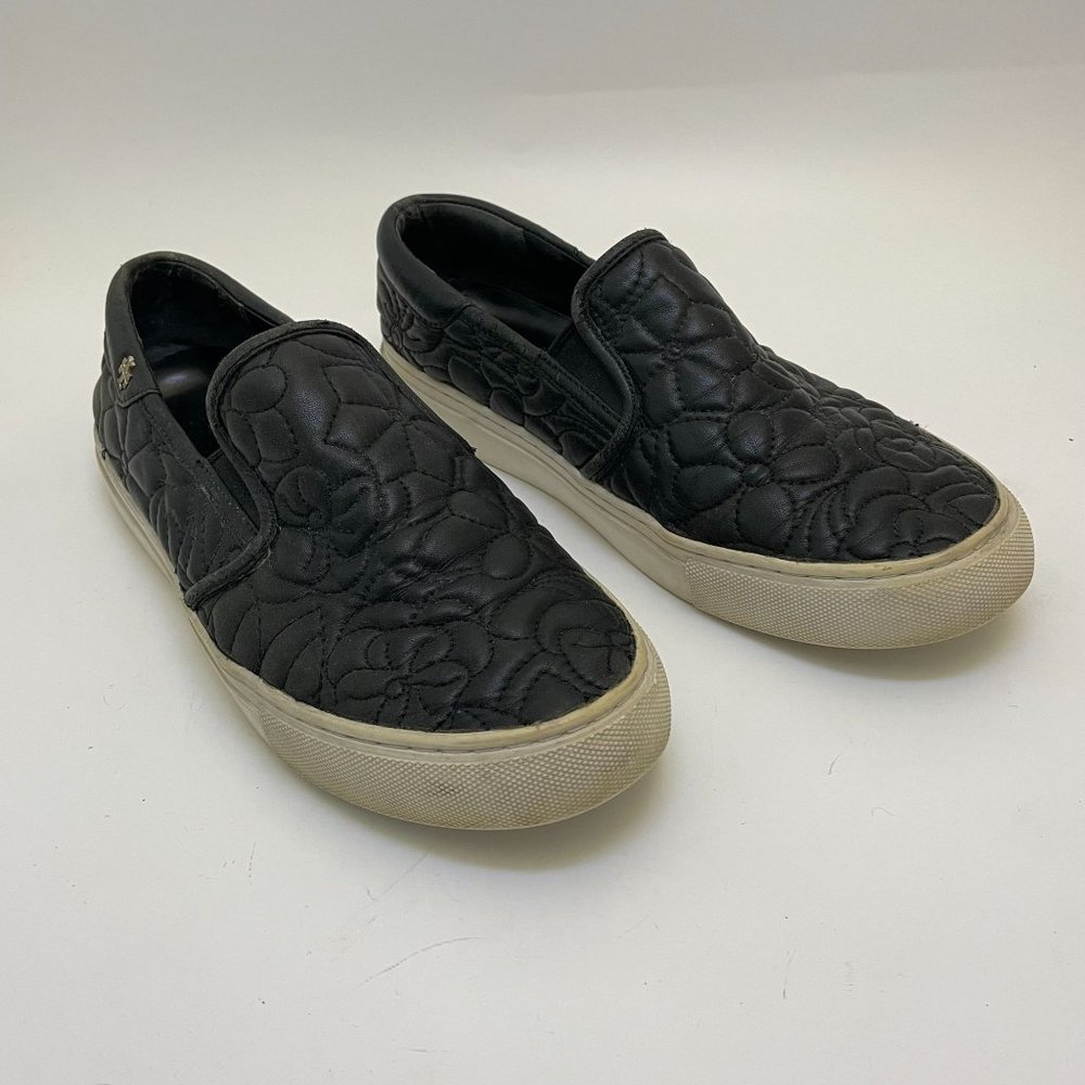 Tory Burch Women's Black Leather Floral Quilted Slip On Sneakers - Size 7.5